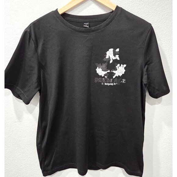 Shein Mens Black Graphic Tee with White Floral Design & Text Print Size S - Picture 2 of 8